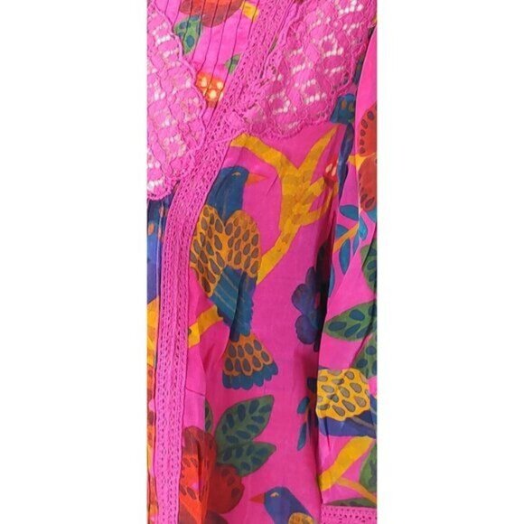 Farm Rio Blouse S Pink Sweet Forest Lace Tropical Floral High Neck Pin - Picture 11 of 15